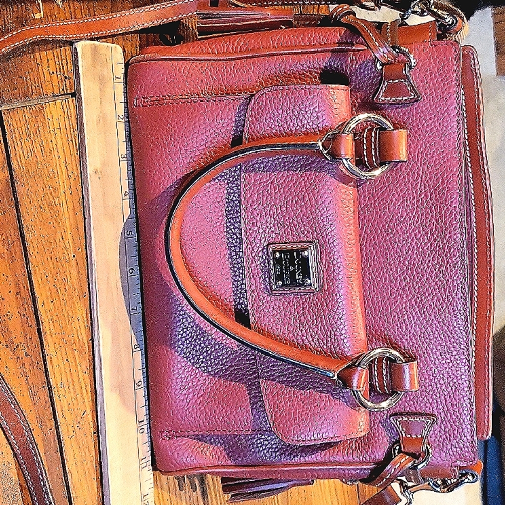 Dooney& Bourke 12.5×8 ×5   gorgeous deep orange color. Handle and shoulder strap